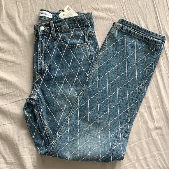 ZARA TRF MID RISE RHINESTONE JEANS - Sparkly Light Wash Denim - Picture 11 of 14